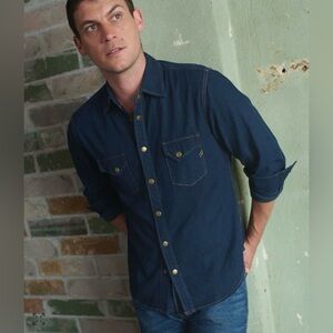 Billy Reid Shoals Denim Brass Snap Shirt Blue MSL-ALA